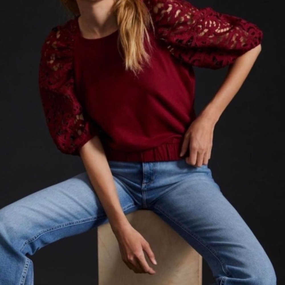 Anthropologie Burgundy Lace Sleeve Top